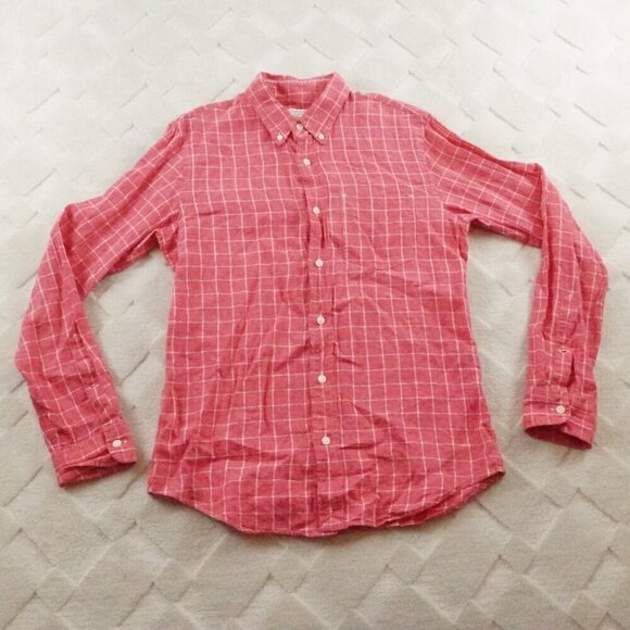 Club Monaco Linen Shirt Mens Small Button Up Plaid Pink - Picture 1 of 11